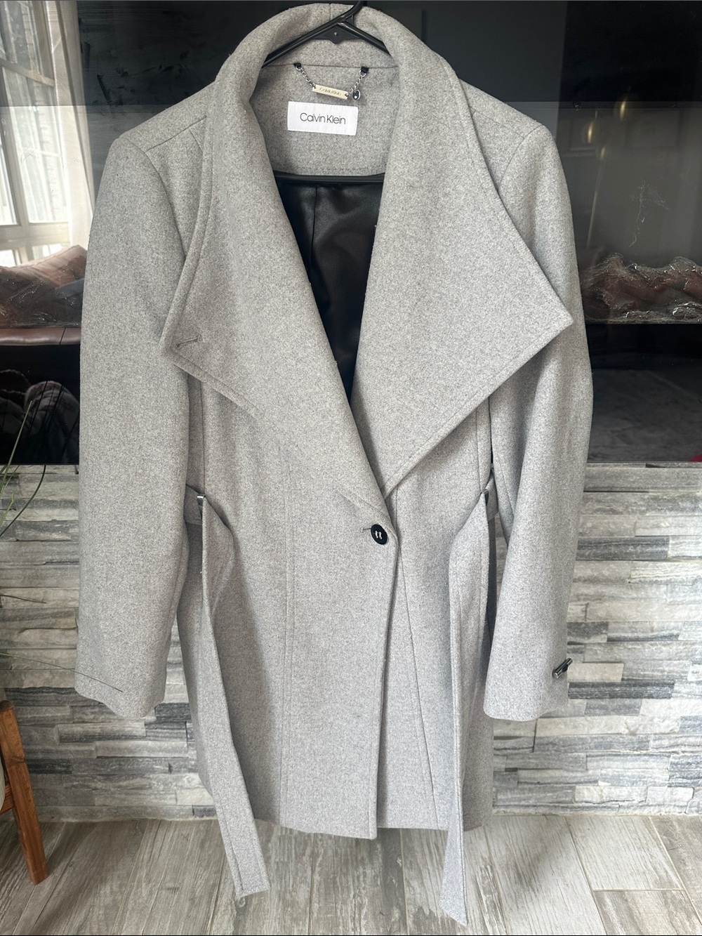 Calvin Klein Light Gray Wrap Trench Coat with Self-Tie Belt - Size M